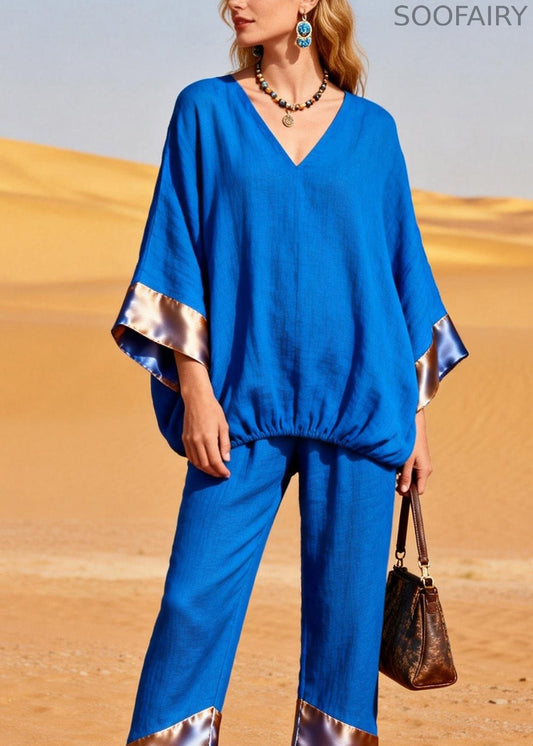 Boutique Blue Top and Pants Silk Patchwork Linen Two Pieces Set Summer