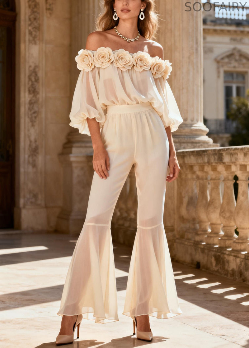 Vogue White Chiffon Shirts and Flared Trousers Two Piece Set Spring