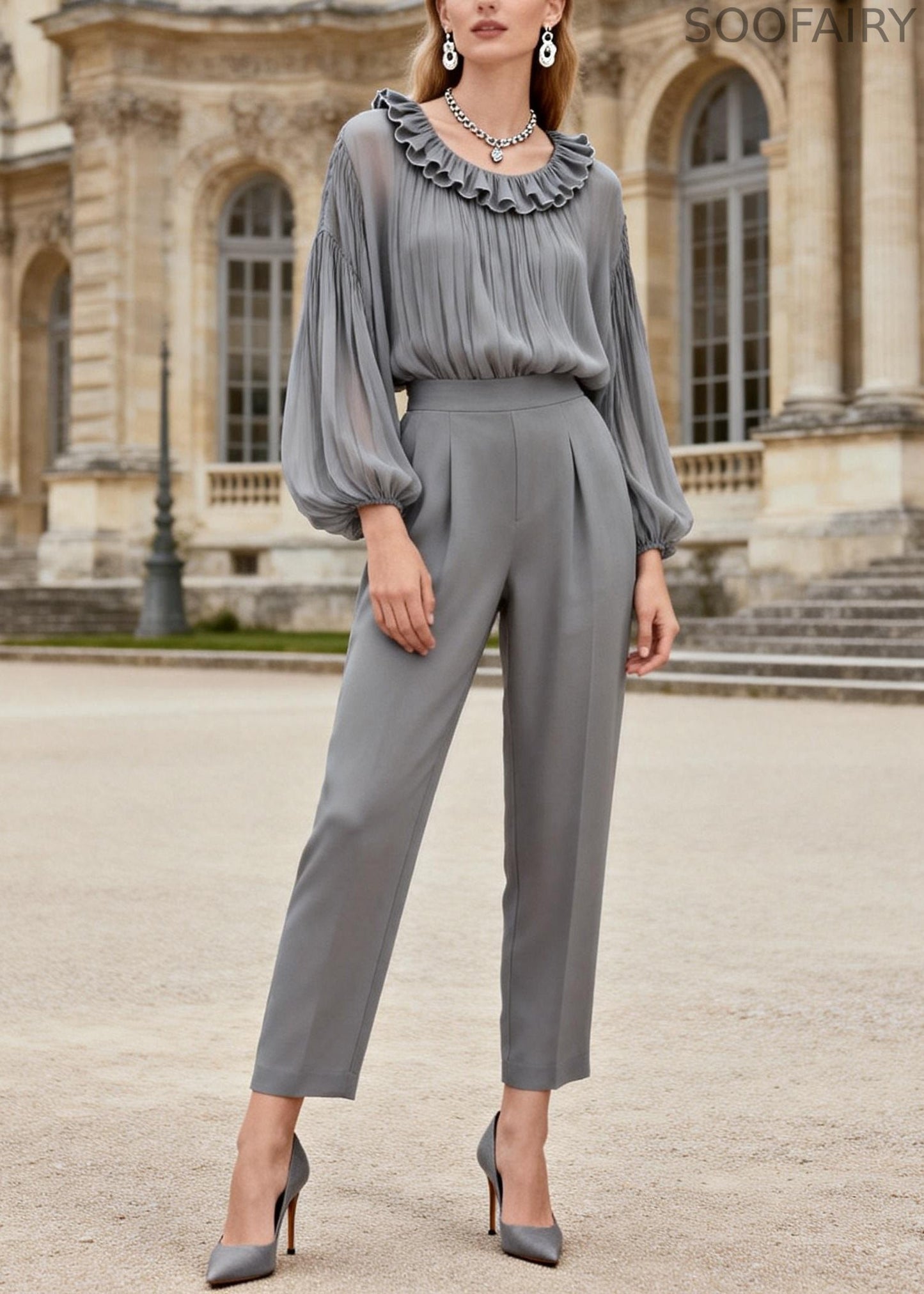 Stylish Grey Ruffled Chiffon Tops and Spandex Crop Pants Two Piece Set Spring