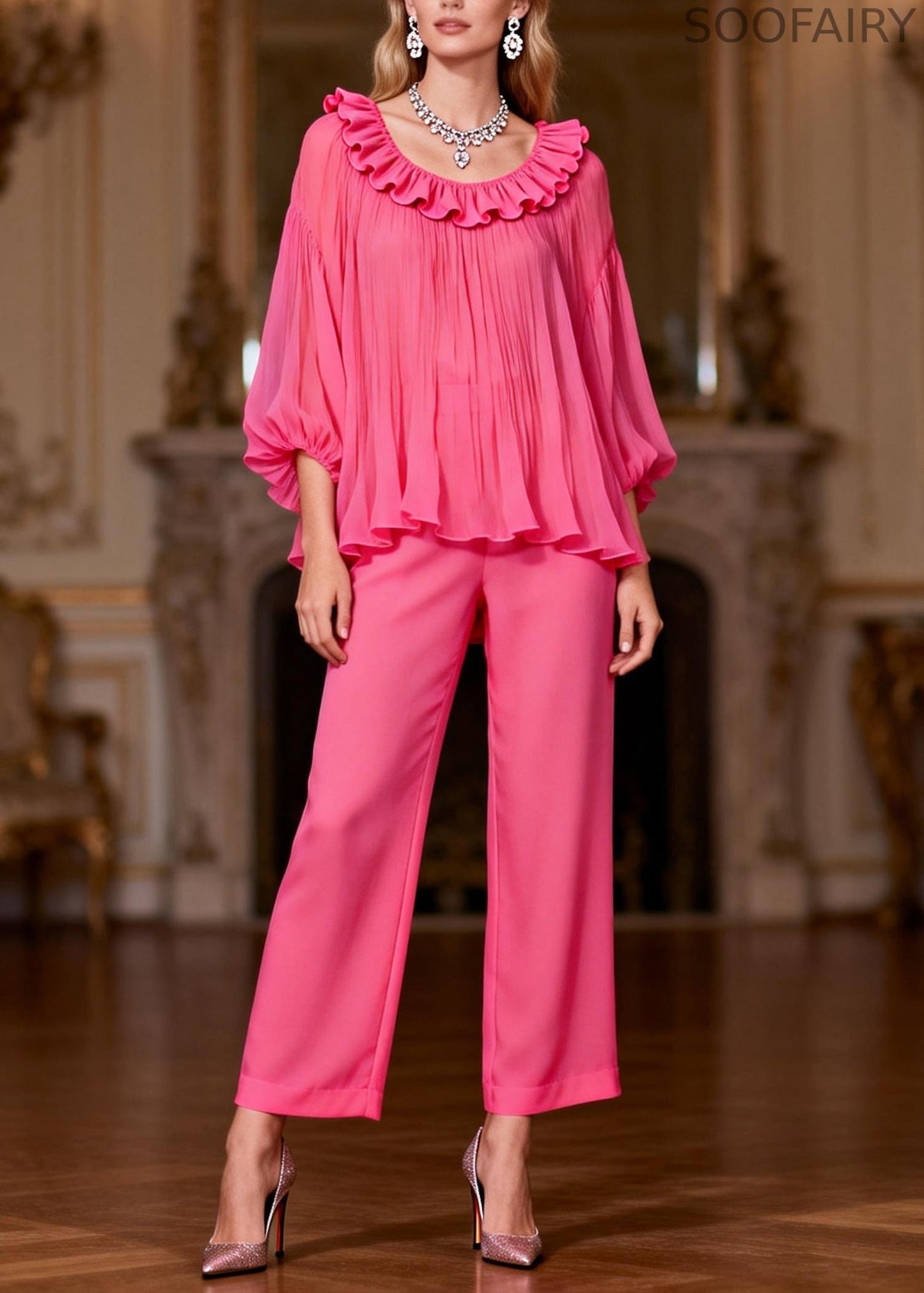 Pink High Waist Tops and Crop Pants Two-piece Set Ruffled Bracelet Sleeve