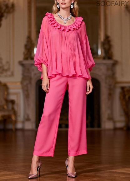 Pink High Waist Tops and Crop Pants Two-piece Set Ruffled Bracelet Sleeve