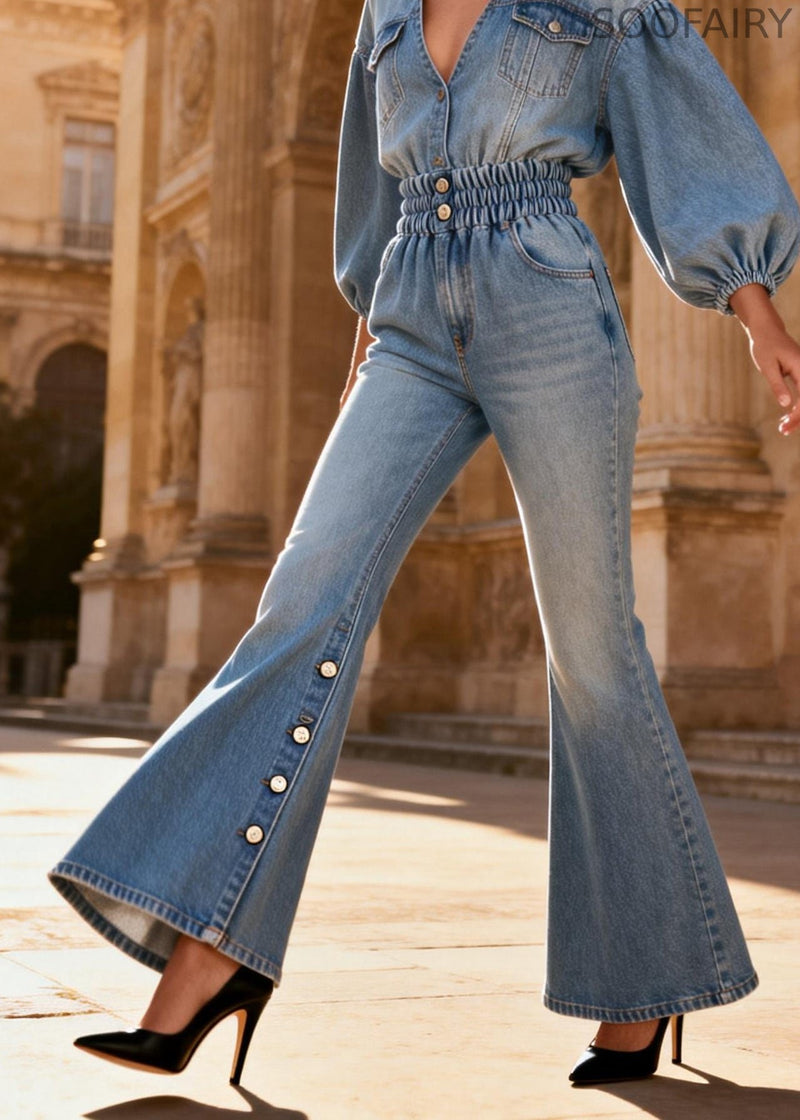 Blue Button Patchwork Denim Shirts and Flared Trousers Two Piece Set Lantern Sleeve