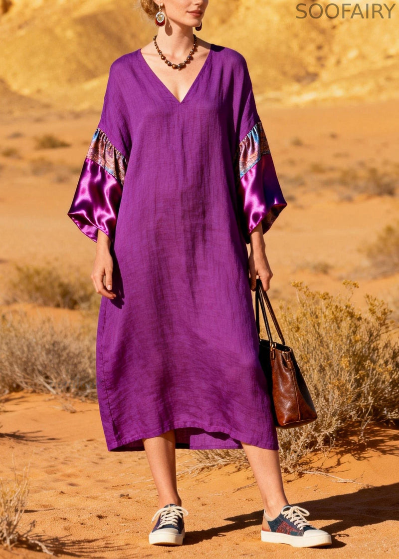 Stylish Purple V Neck Silk Patchwork Linen Dresses Summer