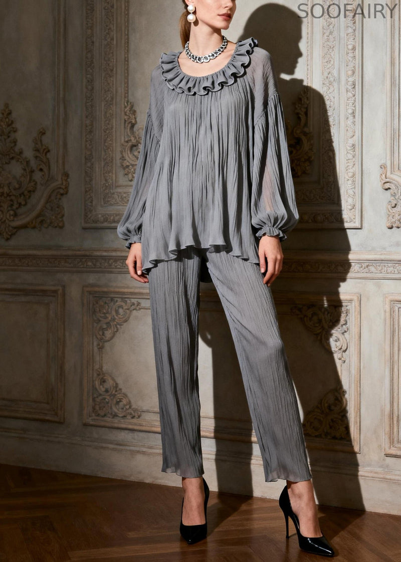 Foggy Gray Ruffled Tops and Crop Pants Two Pieces Set O-neck Butterfly Sleeve