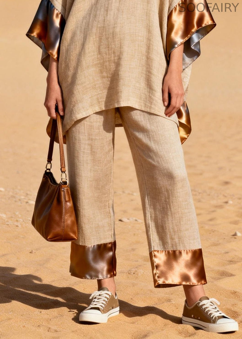 Khaki Oversized Patchwork Silk Linen Two Pieces Set Summer