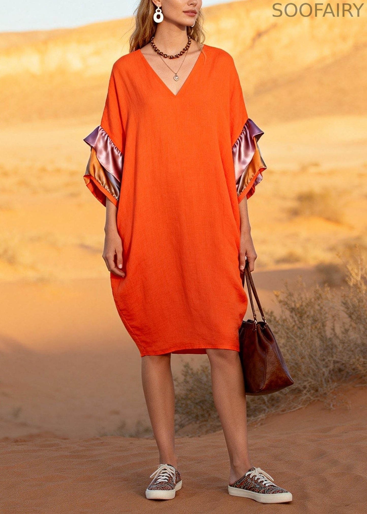 Orange V Neck Patchwork Cotton Mid Dress Butterfly Sleeve