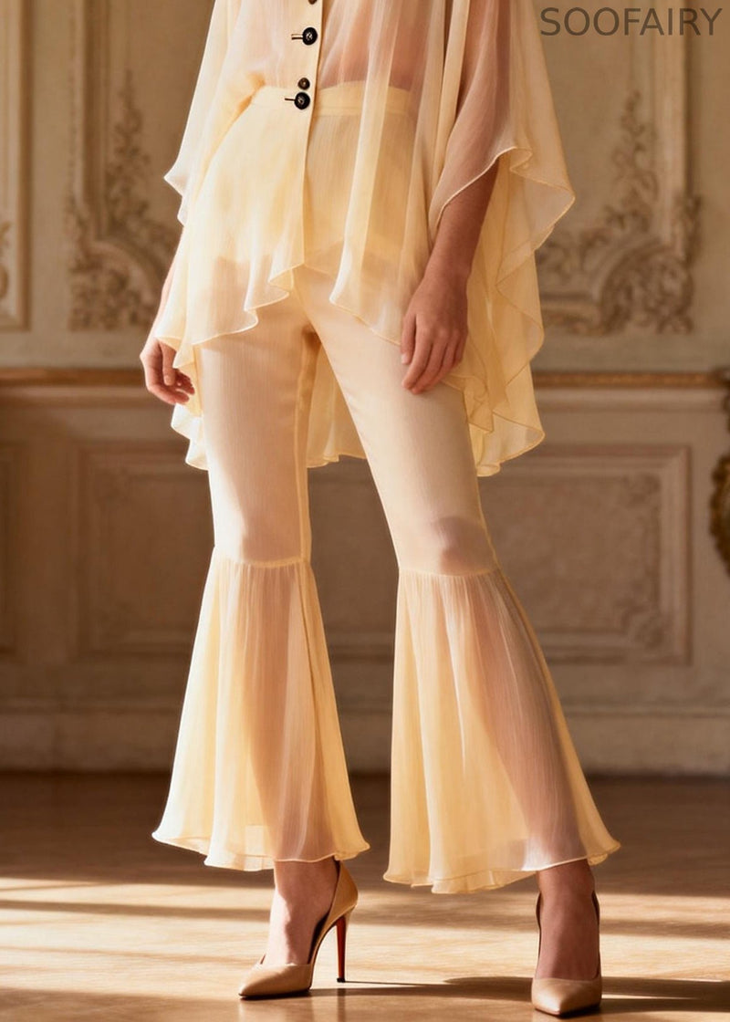 Yellow V Neck Button Patchwork Chiffon Shirts and Flared Trousers Two Pieces Set Spring