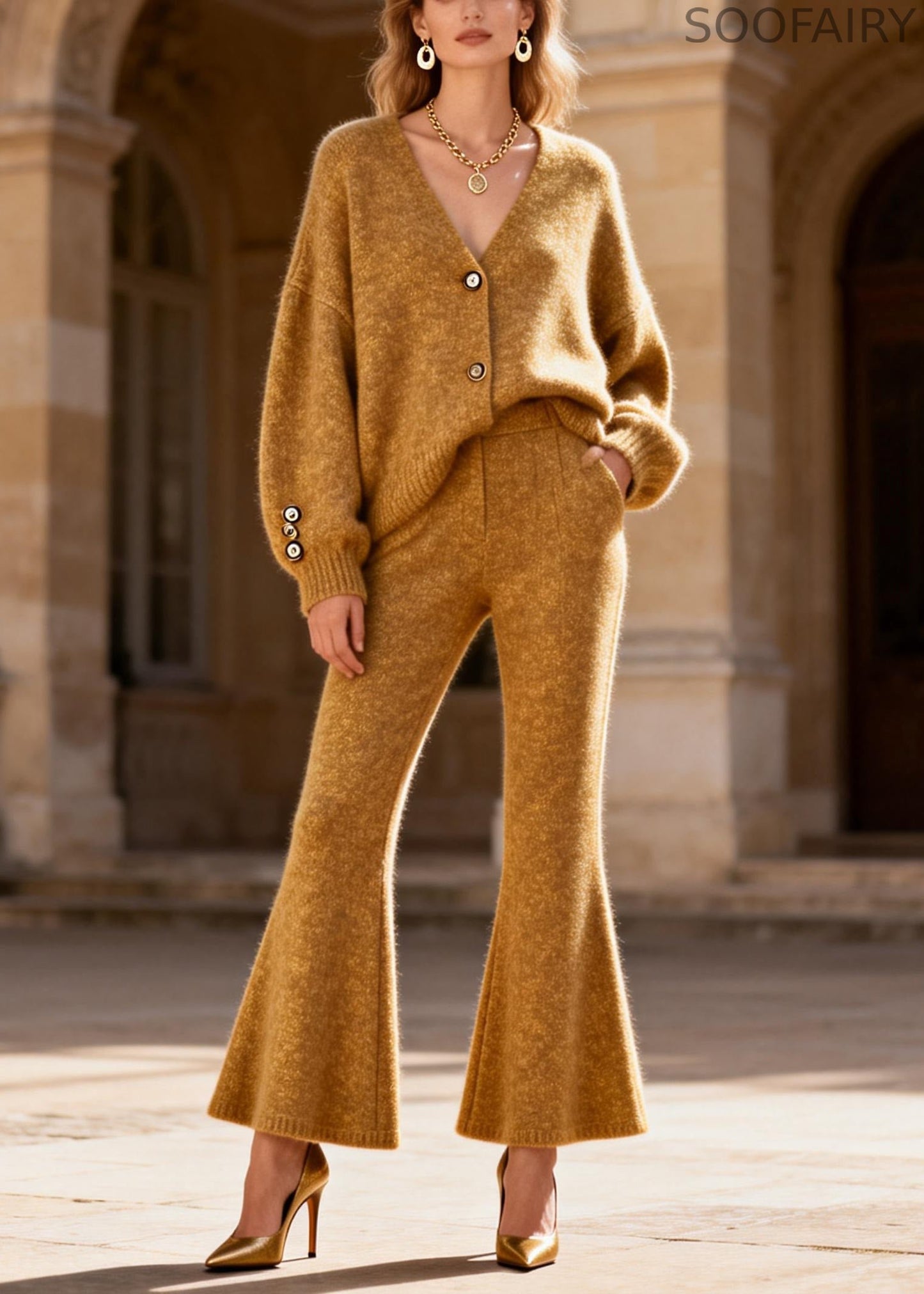 Loose Yellow V Neck Cotton Knit Cardigans and Flared Trousers Two Pieces Set Spring