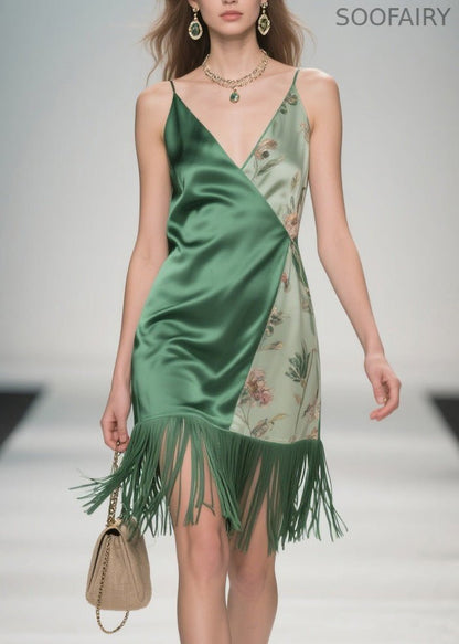 Colorblock Tassel Print Silk Spaghetti Strap Dresses Summer