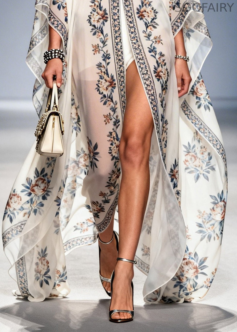 White Oversized Print Chiffon Upf 50+ Holiday Cardigans Summer