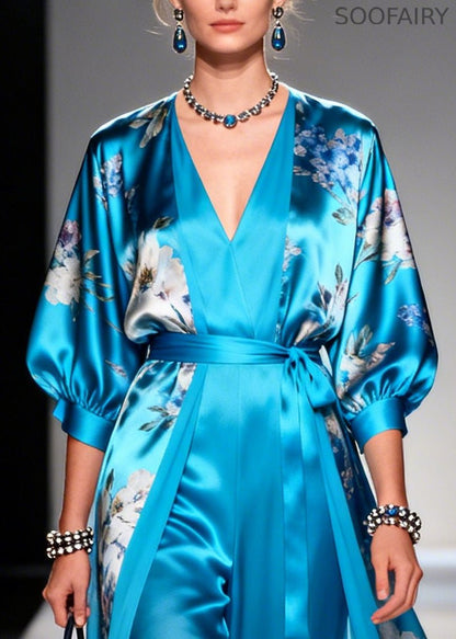 Blue Print Draping Silk Long Dresses Two Piece Set Summer