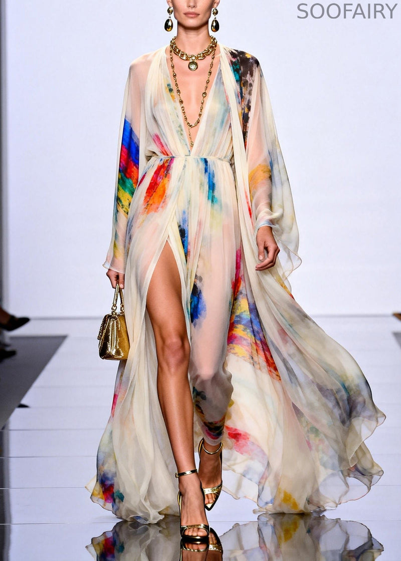 Modern White Tie Dye Side Open Chiffon Dress Two Pieces Set Summer