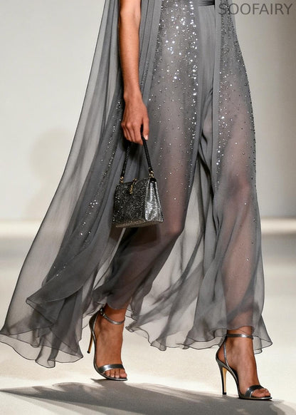 Grey Sparkling Zircon Draping Chiffon Dress Two Piece Set Sleeveless