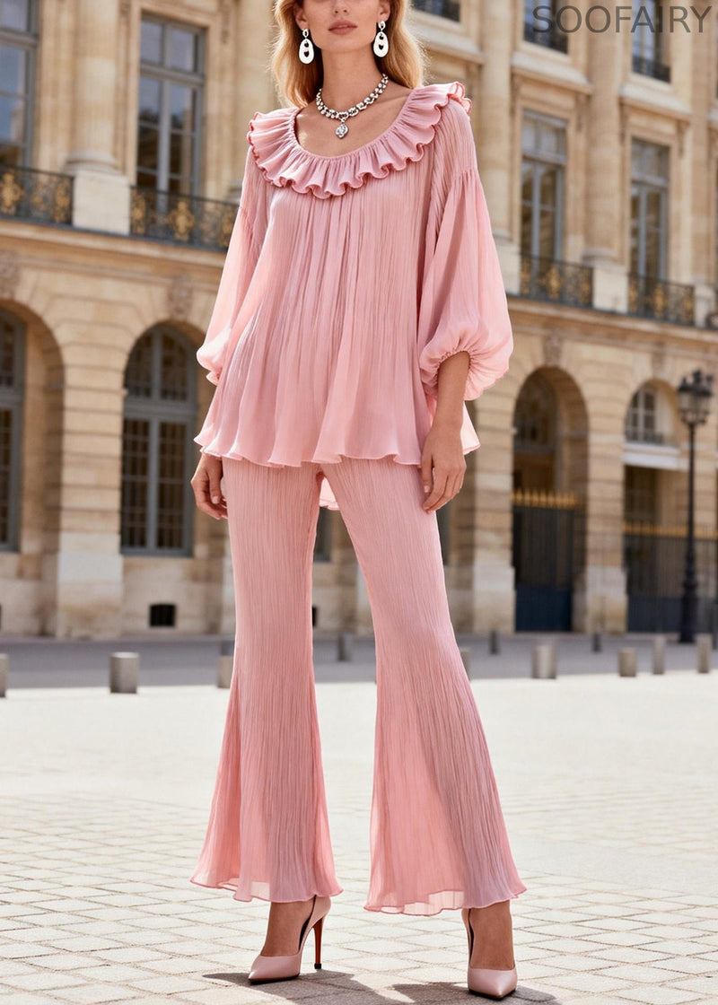 French Pink Ruffled Patchwork Chiffon Shirts and Flared Trousers Two Pieces Set Lantern Sleeve