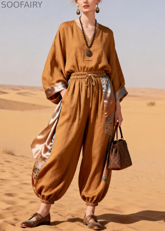 Caramel Pockets Elastic Waist Patchwork Silk Linen Two Pieces Set Spring