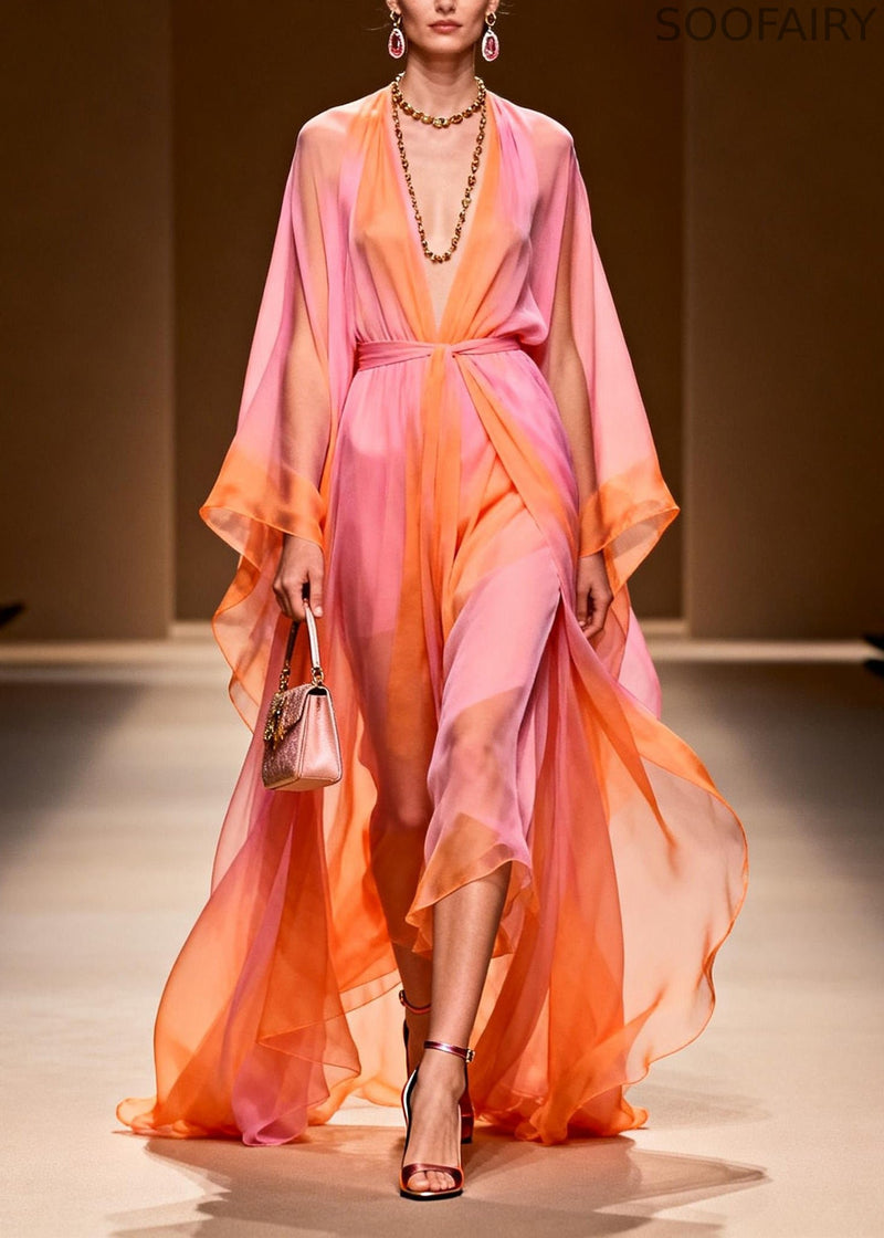 V Neck Patchwork Chiffon Two Pieces Set Summer