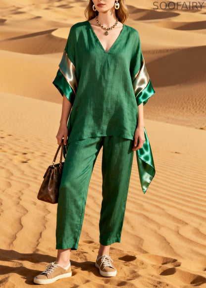 Green Top and Pants Patchwork Linen Silk Two Pieces Set Summer