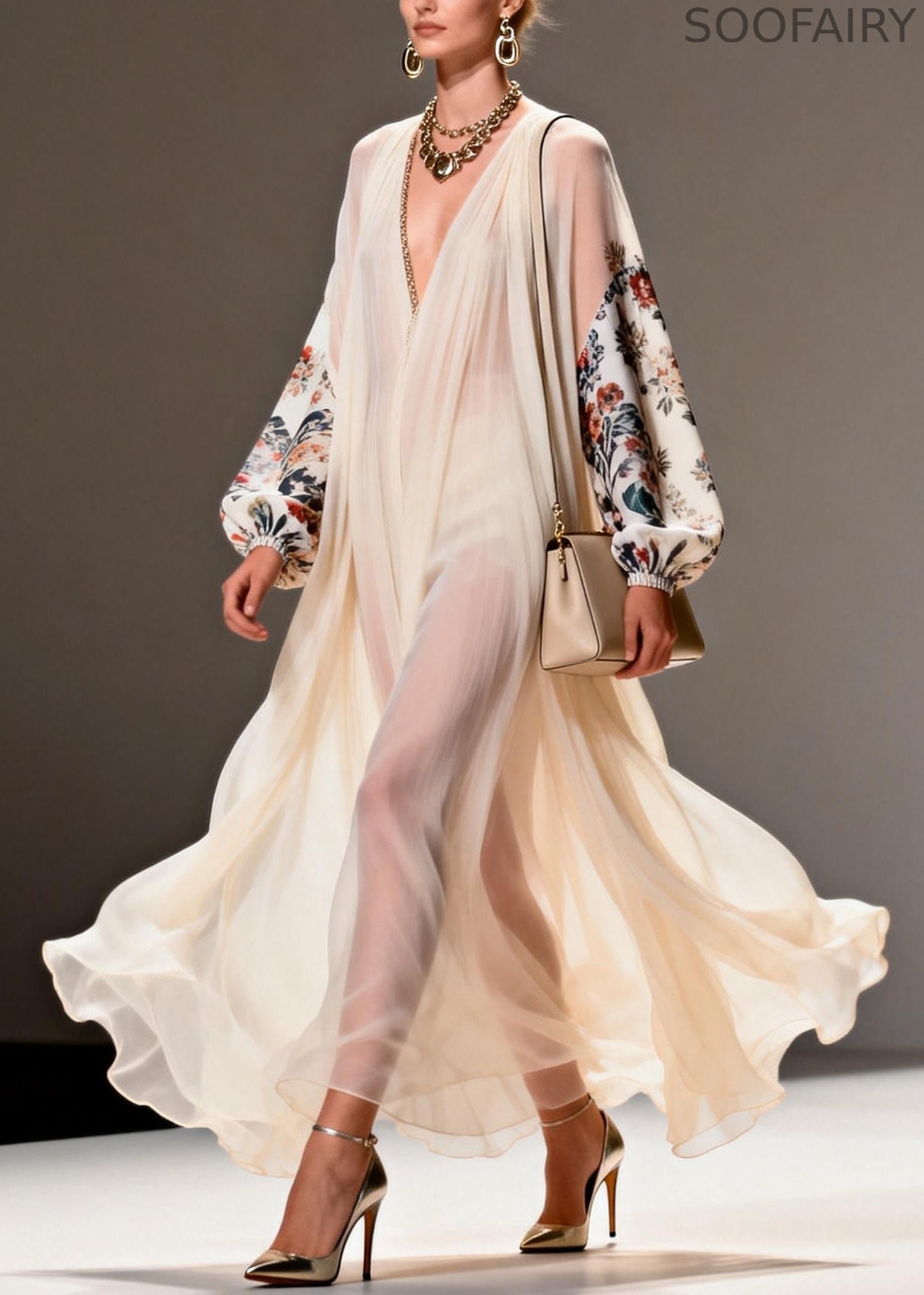 Apricot Print Chiffon Long Dresses Oversized Exra Large Hem Summer