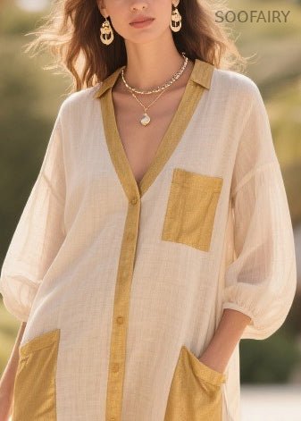 Beige Oversized Patchwork Cotton Dress Bracelet Sleeve