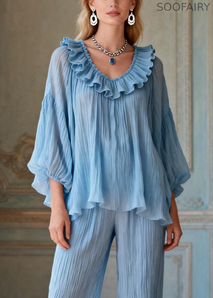 Light Blue O-neck Love Heart Ruffled Two Pieces Set Lantern Sleeve