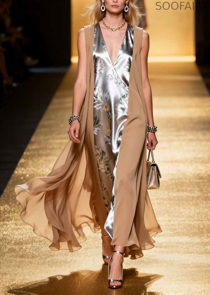 Classy Silvery Jacquard Patchwork Chiffon Fake Two Piece Dresses Summer