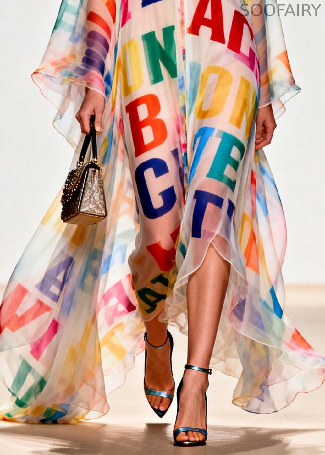 Oversized Letter Print Exra Large Hem Chiffon Beach Dress Summer