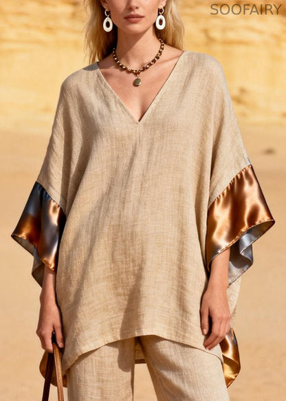 Khaki Oversized Patchwork Silk Linen Two Pieces Set Summer