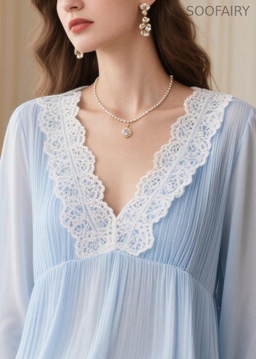 Italian Sky Blue V Neck Patchwork Lace Chiffon Shirt Spring