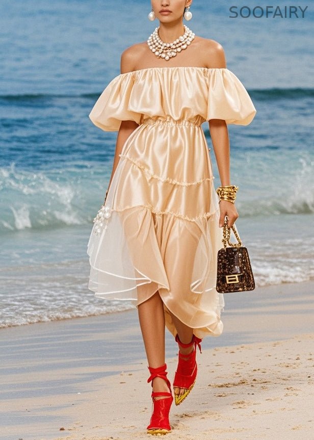 Boutique Champagne Cold Shoulder Silk Robe Dresses Puff Sleeve