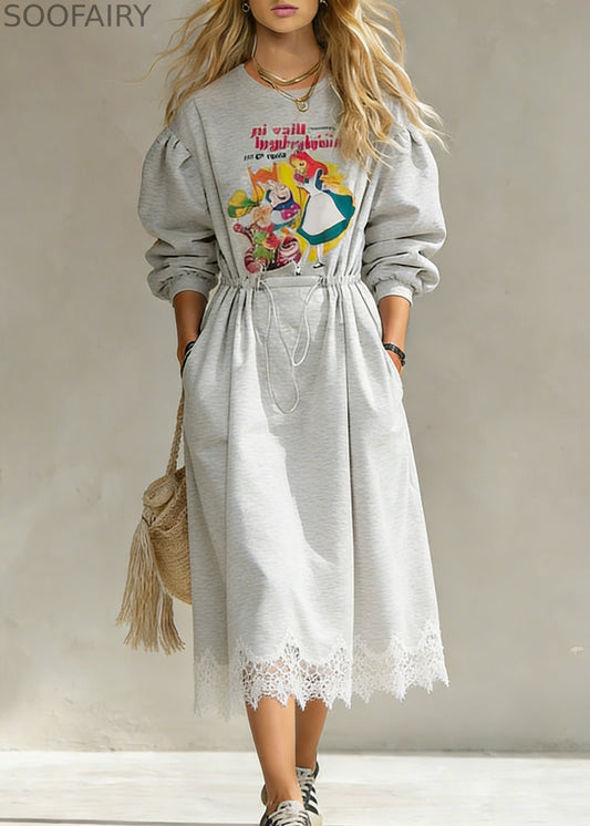 Grey Print Drawstring Lace Patchwork Cotton Sweatshirt Dresses Spring