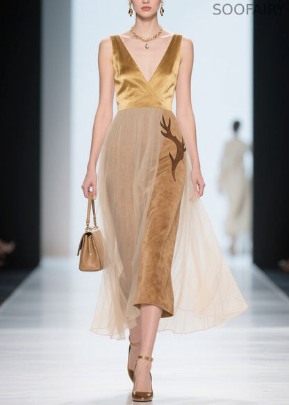 Natural V Neck Tulle Patchwork Silk Velvet Dress Sleeveless