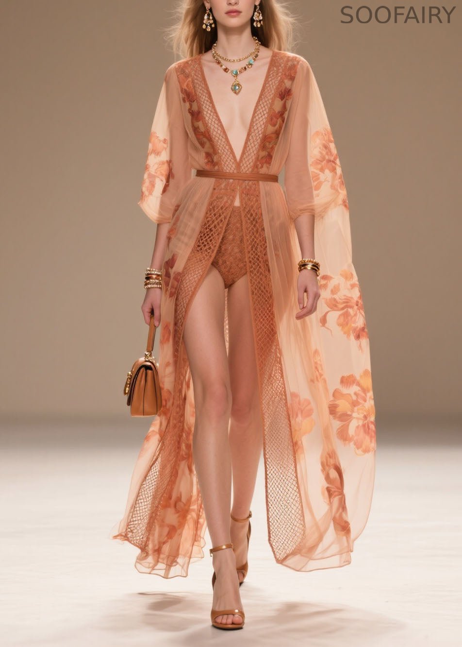 Style Orange V Neck Print Chiffon Sun Protection Cardigans Summer