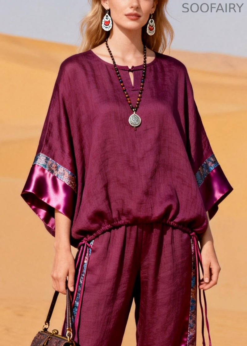 Purple Drawstring Patchwork Silk Linen Two Piece Set O Neck Bracelet Sleeve