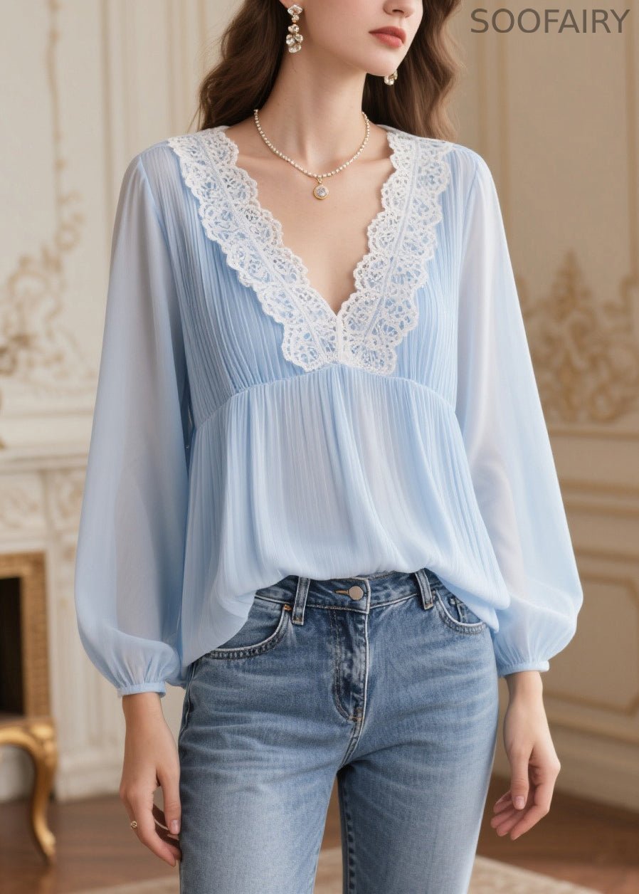 Italian Sky Blue V Neck Patchwork Lace Chiffon Shirt Spring