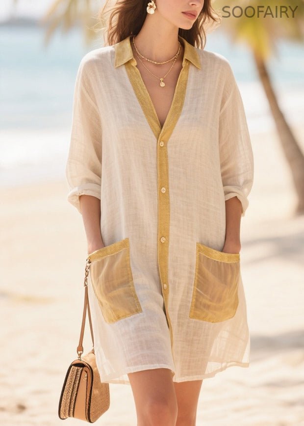 Beige Oversized Patchwork Cotton Mid Dress Summer