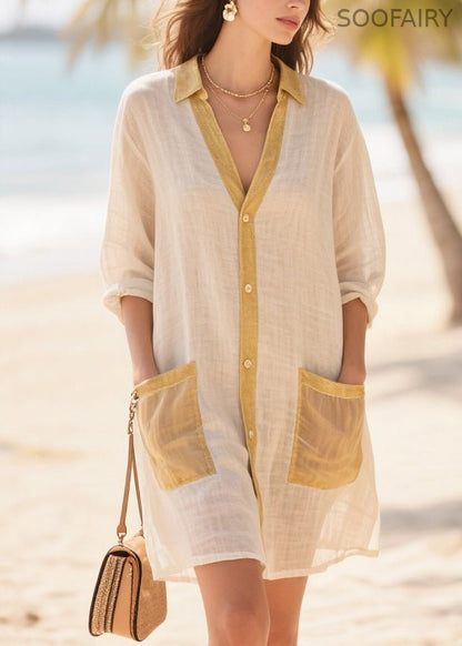 Beige Oversized Patchwork Cotton Mid Dress Summer