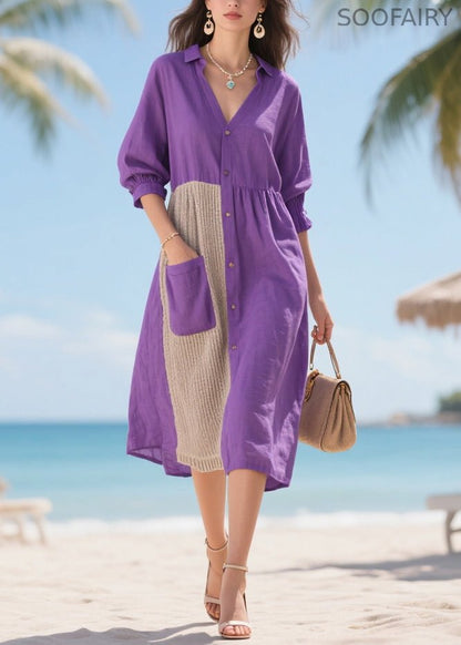 Purple Asymmetrical Patchwork Cotton Dresses Summer