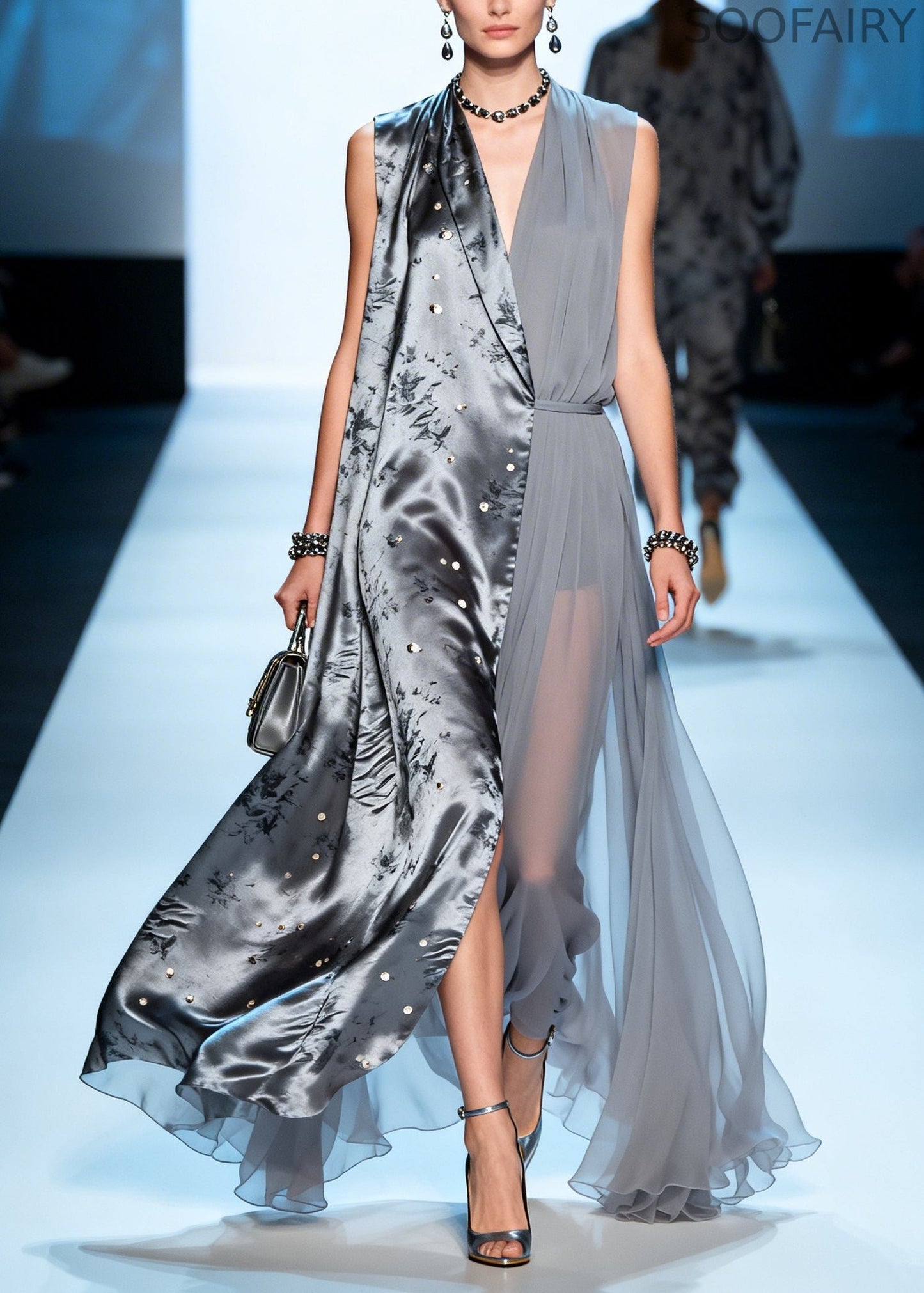 Grey Asymmetrical Patchwork Chiffon Fake Two Piece Dress Summer