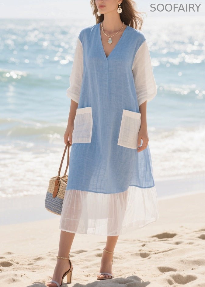 Italian Blue Oversized Patchwork Cotton Holiday Dress Summer