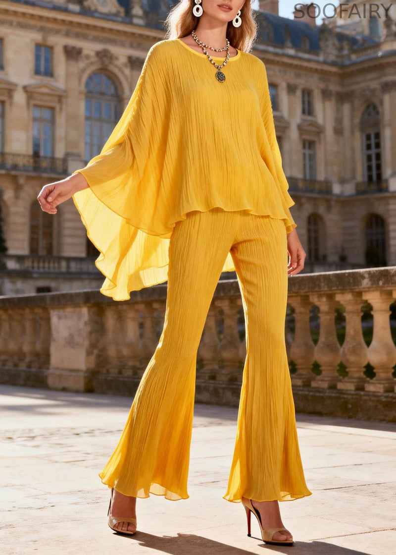 Loose Yellow Wrinkled Low High Design Tops and Flared Trousers Two Pieces Set Batwing Sleeve