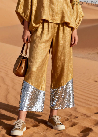 Gold V Neck Sequins Patchwork Oversized Linen Two Piece Set Spring