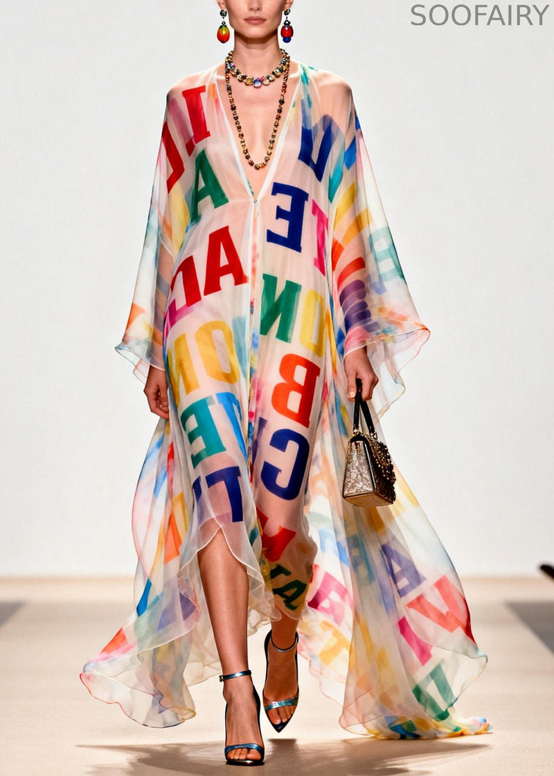 Oversized Letter Print Exra Large Hem Chiffon Beach Dress Summer