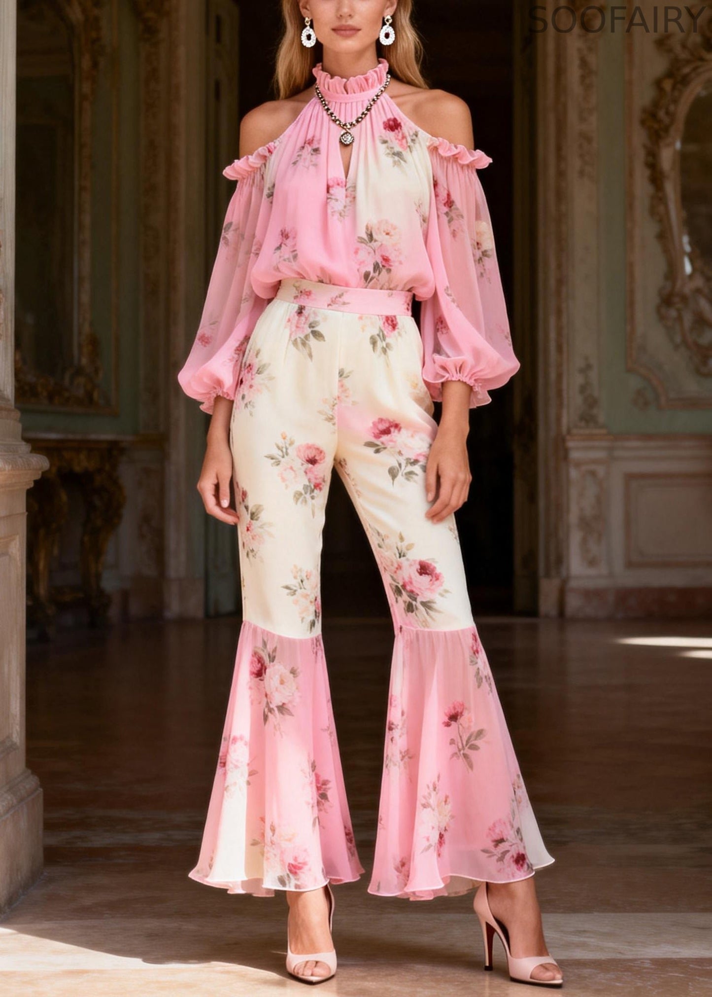 Gradient Color Pink Turtleneck Print Chiffon Shirts and Flared Trousers Two Pieces Set Spring