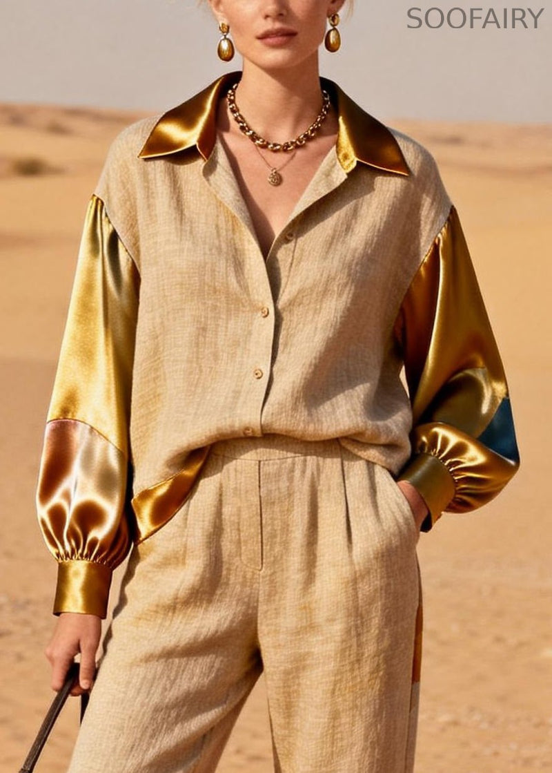 Khaki Peter Pan Collar Shirts and Crop Pants Silk Patchwork Two Pieces Set