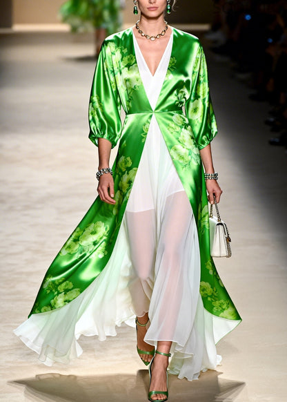 Green Print Chiffon Holiday Dress Two Piece Set Summer
