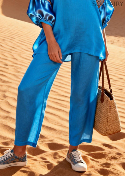 Blue Silk Patchwork Tops and Crop Pants Linen Two Piece Set V Neck Bracelet Sleeve