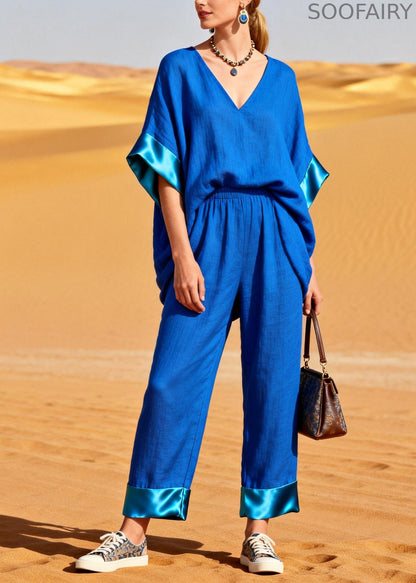 Style Blue Oversized Patchwork Cotton Two Piece Set Summer