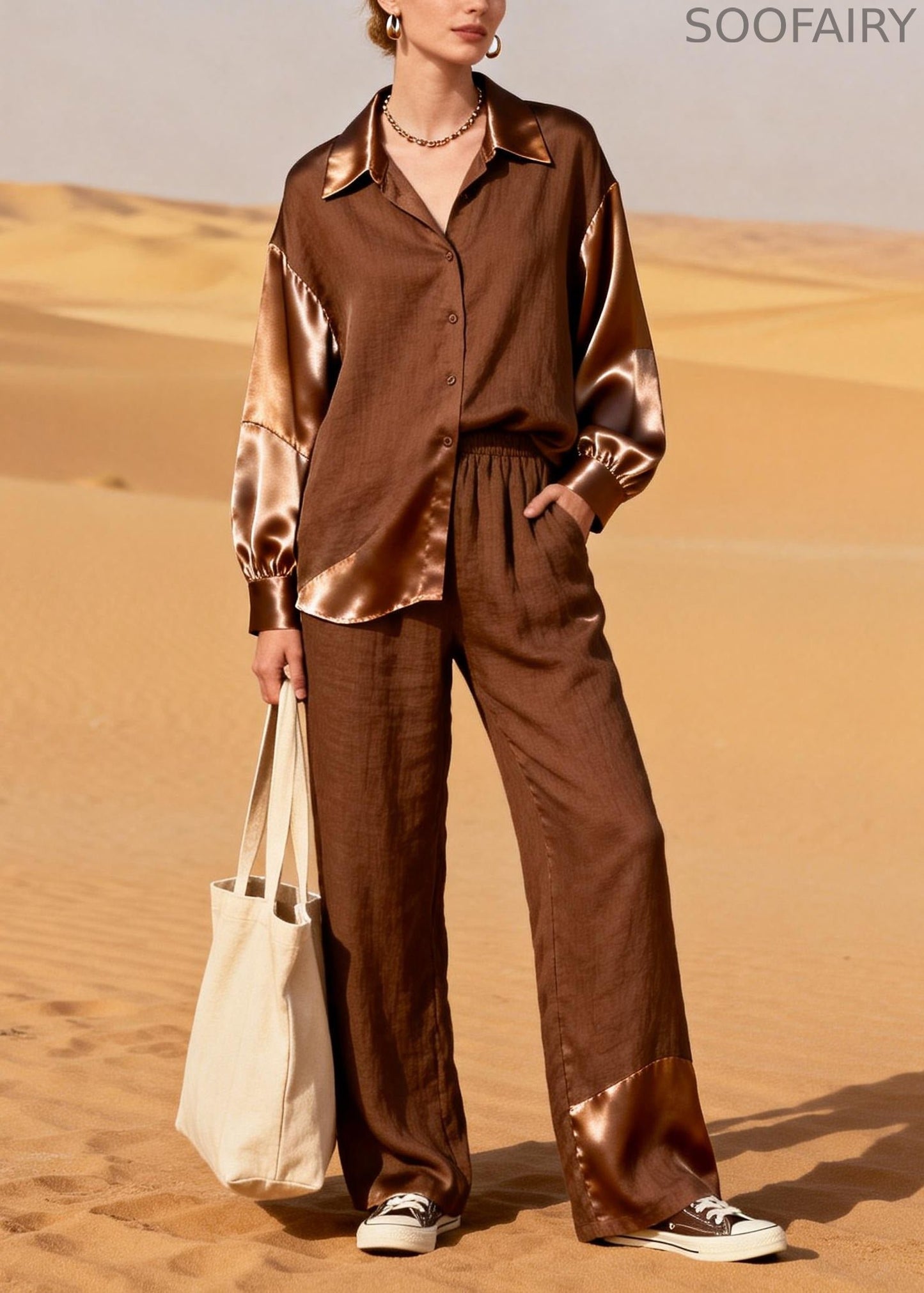 Chocolate Asymmetrical Patchwork Linen Two Piece Suit Set Spring