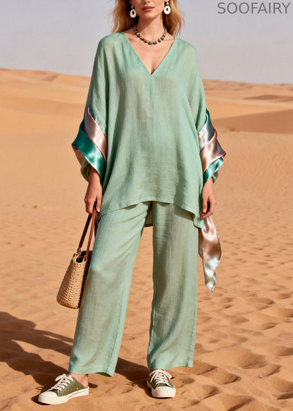 Loose Green V Neck Silk Patchwork Linen Two Piece Set Spring