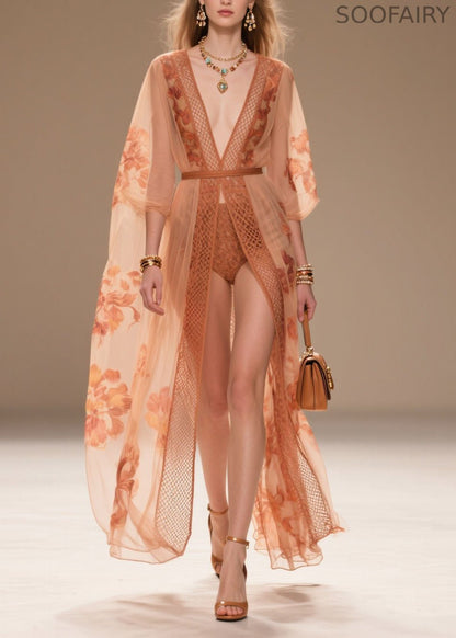 Style Orange V Neck Print Chiffon Sun Protection Cardigans Summer
